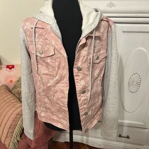Maurices Pink Floral Jean Jacket with Gray Sleeves
